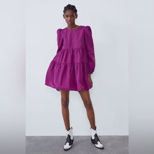 ZARA Tiered Oversized Babydoll Mini Dress Size L Purple NWT Blogger Fav